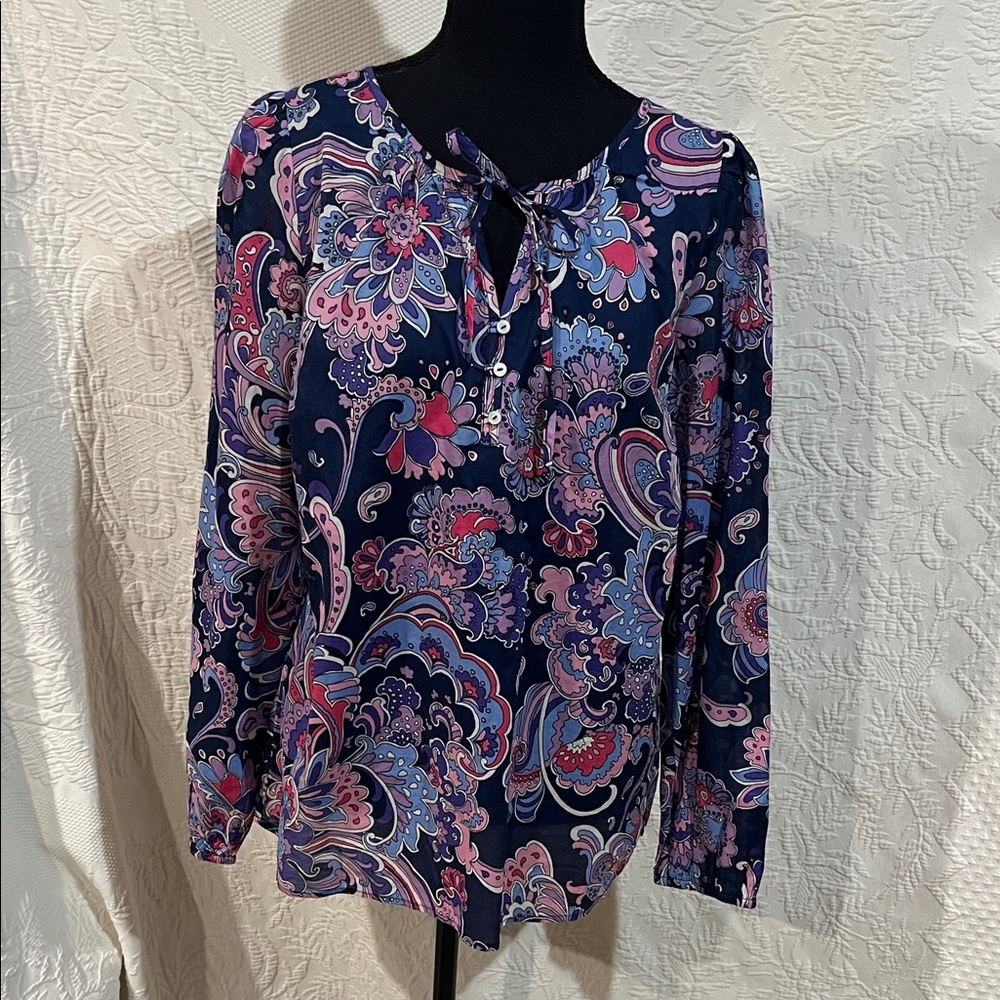 Talbots Floral Gathered‎ Tie Neck Top, size medium, NWT